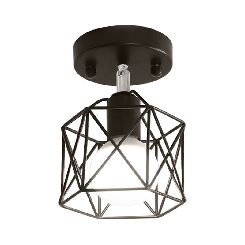 Semi-affleurant hexagonal à 1 lumière avec protection métallique, luminaire monté au plafond en fer noir pour Loft industriel, pour cuisine