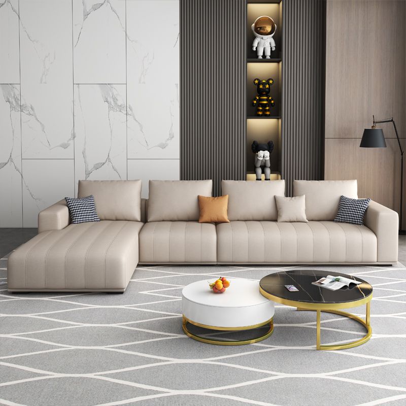 Cream Modern Faux Leather Square Arm Sofa/Sectional with Pillowed Back Cushions