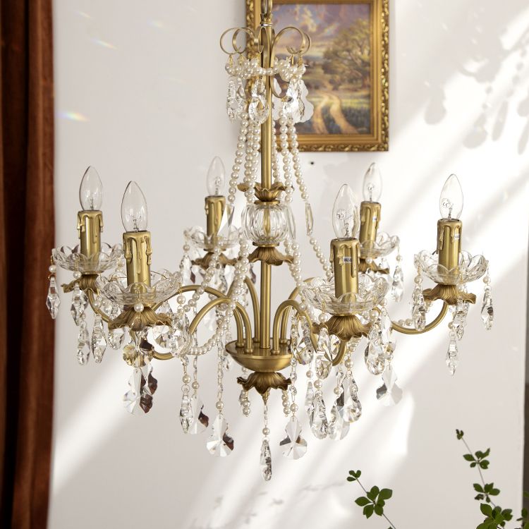 Candle Chandelier Light Fixtures Traditional Multi-Head Hanging Pendant Lamps with Crystal Bead