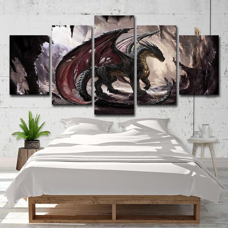 Fantasy Dragon Wall Art for Teenage Room Video Game Scene Canvas Print in Brown-Red