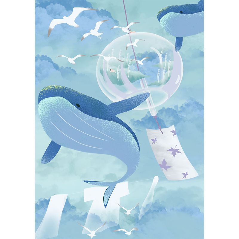 Blue Cartoon Wallpaper Mural Whole Whale and Gulls in Sky Pattern Wall Art for Bedroom