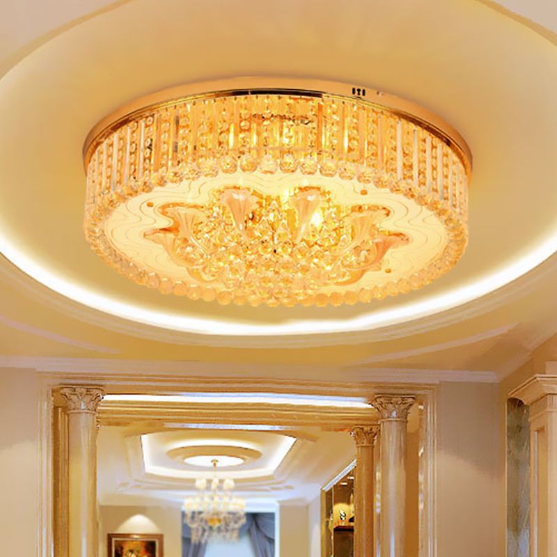 5 Heads Round Flush Light Fixture Modern Gold Clear Beveled Crystal Stands Ceiling Lighting