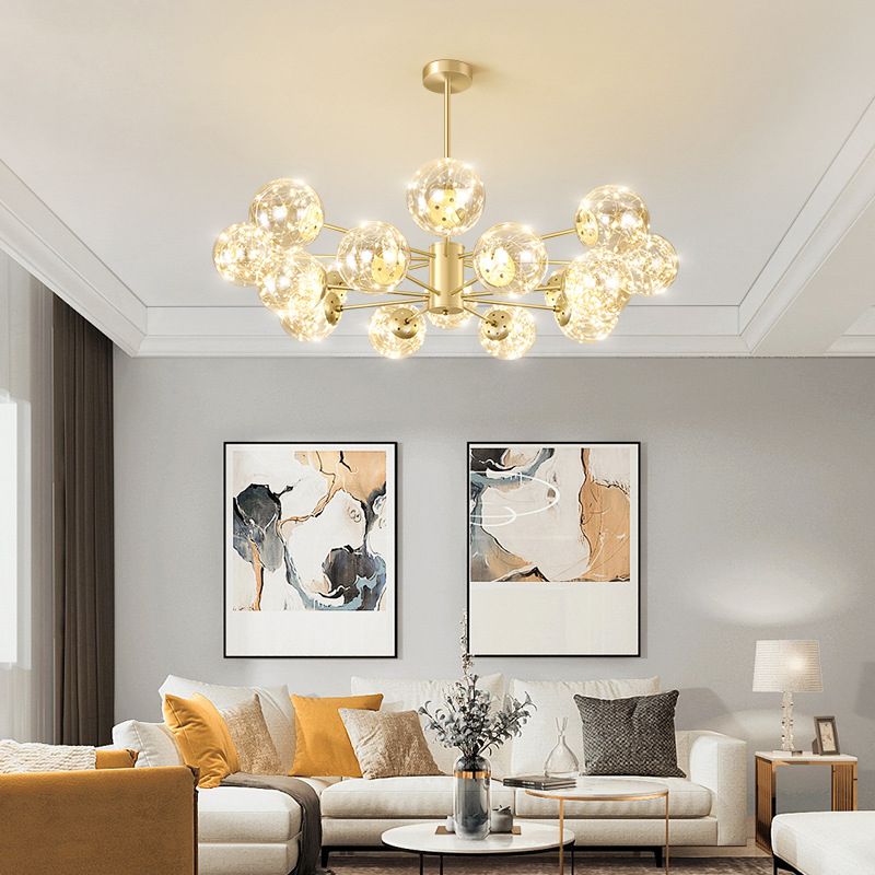 Radial LED Chandelier Light Contemporary Metallic Living Room Pendant Light with Globe Clear Glass Shade in Gold