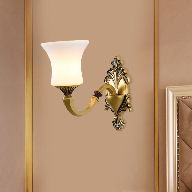 Bell Bedroom Up Wall Mounted Light Antiqued Frosted Glass 1/2-Light Brass Wall Lamp Fixture