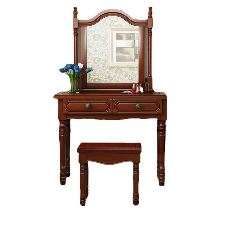 Traditional Mirrored Vanity Set Wood Dresser with 2 Drawers and Stool
