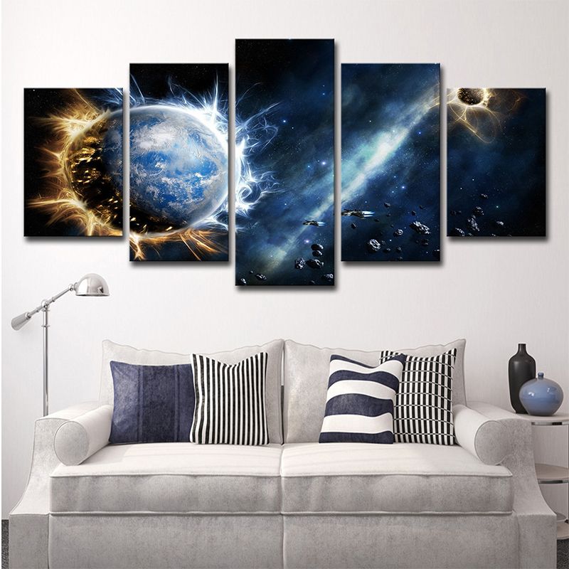 Dark Blue Sci-Fi Canvas Print Aerolite and Planet Wall Art for Childrens Bedroom