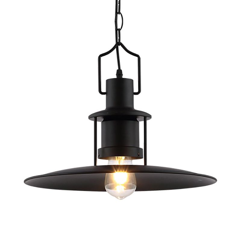 Flat Cone Shade Metal Pendant Light Industrial 1 Light Dining Room Hanging Fixture in Black, 16" Width