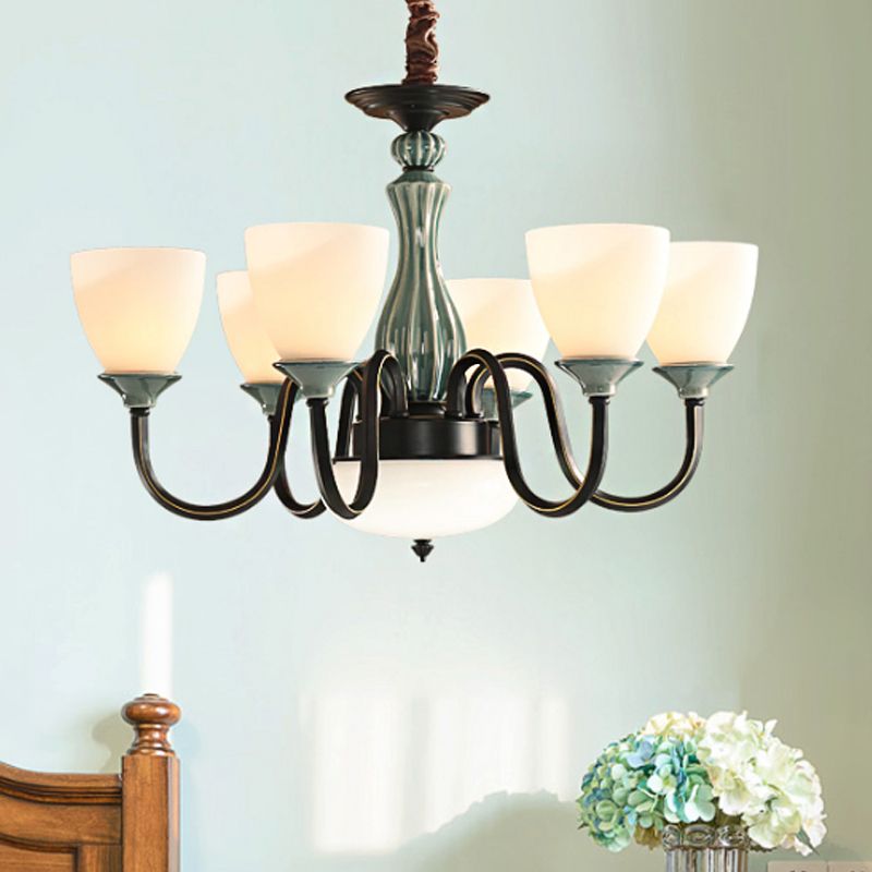 Green-Black Flared Shade Ceiling Chandelier Vintage Style Opal Glass 6/8-Head Dining Room Suspension Lamp