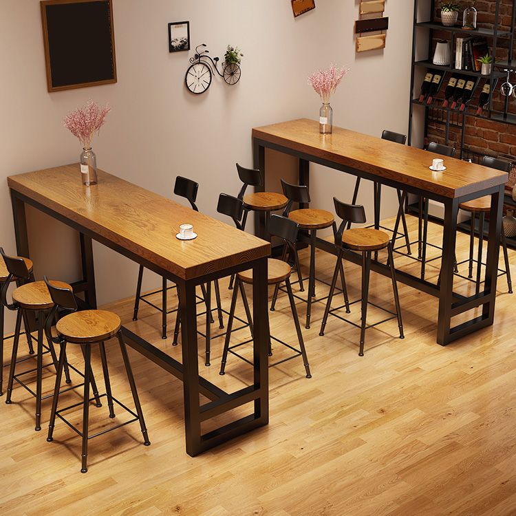 Industrial Rectangle Bar Dining Table Solid Wood Top and Iron Trestle Base Bar Table