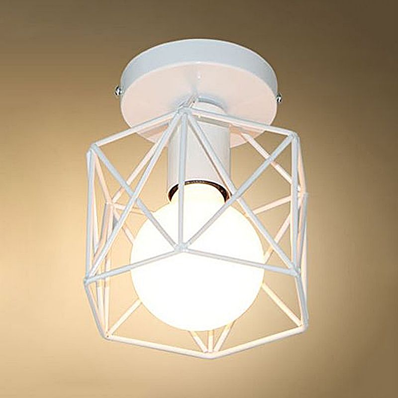 Hexagon Iron Ceiling Mounted Fixture with Cage Shade Vintage Stylish 1 Bulb Balcony Close to Ceiling Lamp in Black/White