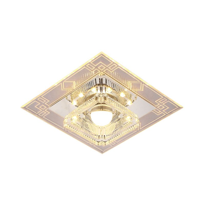 LED Corridor Flush Light Fixture Modern Chrome Close to Ceiling Lamp with Trapezoid Clear Crystal Shade