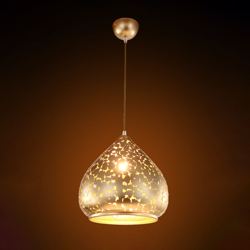 Arab Carved Pendant Light Metal 1 Bulb Suspended Lighting Fixture in Silver/Bronze/Brass for Bedroom
