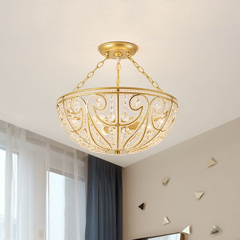 Bowl Shape Bedroom Flush Mount Lamp Crystal 1 Light Contemporary Semi Mount Lighting in Gold