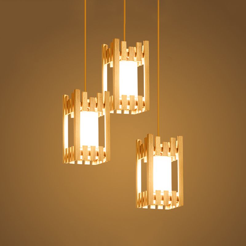 Houten cluster arbor hanger Aziatische 3 bollen beige plafondophanging lamp met ingebouwde stoffen lampenkap