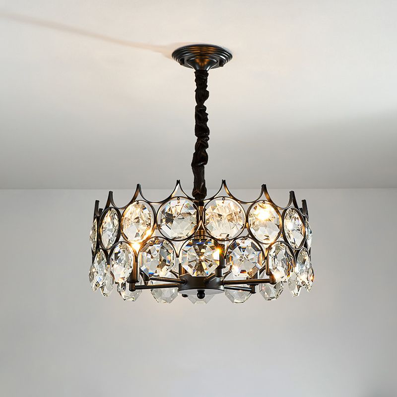 Black Circle Pendant Chandelier Country Clear Crystal Living Room Suspension Light with Sputnik Design