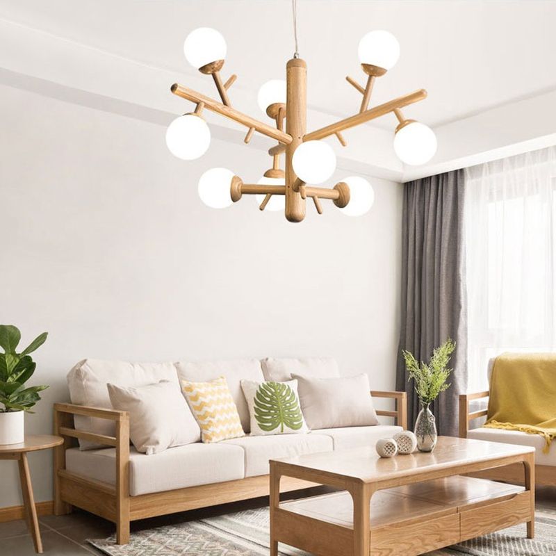 Hölzerner Baumzweig Kronleuchter nordischer Hängelampe mit Kugel Opalinglas Schatten