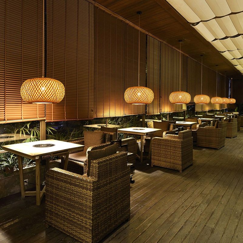 Curved Drum Ceiling Light Modern Bamboo Single Wood Hanging Pendant Light for Tea Room