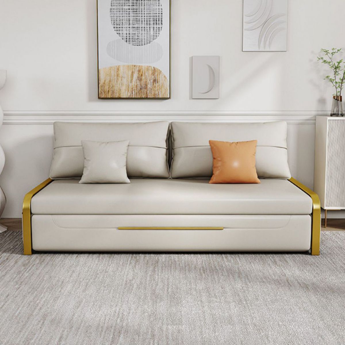 Faux leather Sleeper Sofa Creamy-white Sofa Bed with Upholstered, 31.49" Wide