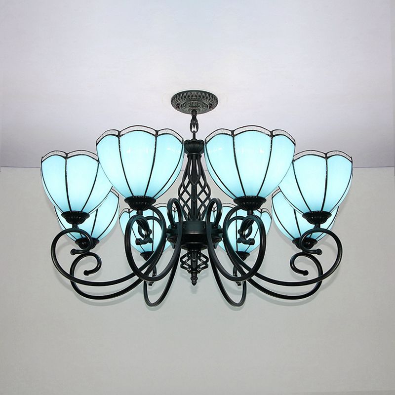 Blue Scalloped Hanging Light with Curved Arm Loft Style 8 Lights Stained Glass Chandelier in Blue
