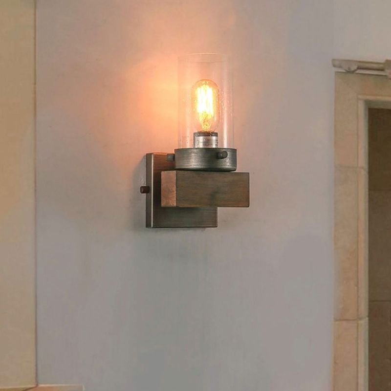 Countryside Cylindrical Wall Sconce Light 1/2-Light Clear Glass Wall Mount Lamp Fixture in Brown