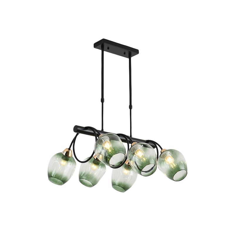 Wine Cup Island Light Modern Dimpled Blue/Green Ombre Glass 6/8/10-Head Black Suspended Lighting Fixture