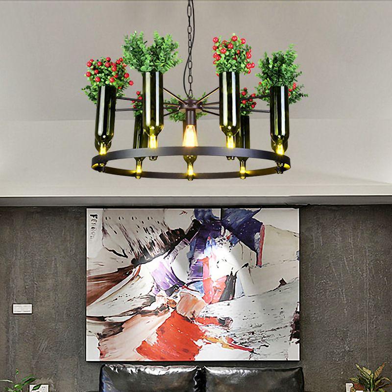 7/10 Heads Round Chandelier Lamp Industrial Green Metal Hanging Ceiling Light with Plant Decoration