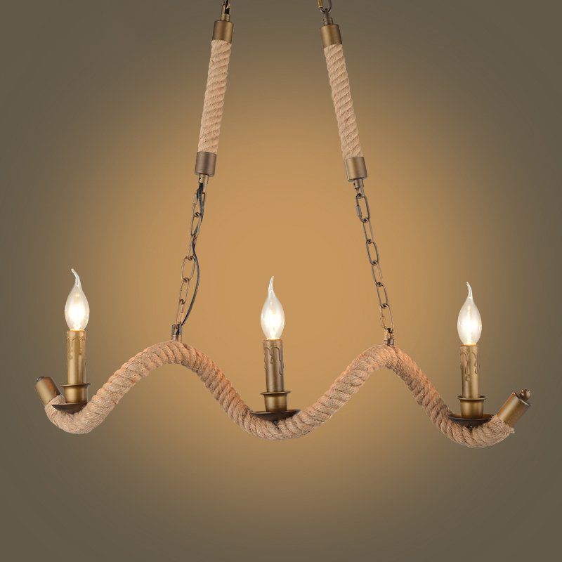 3 Heads Island Pendant Light Vintage Candlestick Iron Ceiling Light with Hemp Rope in Flaxen