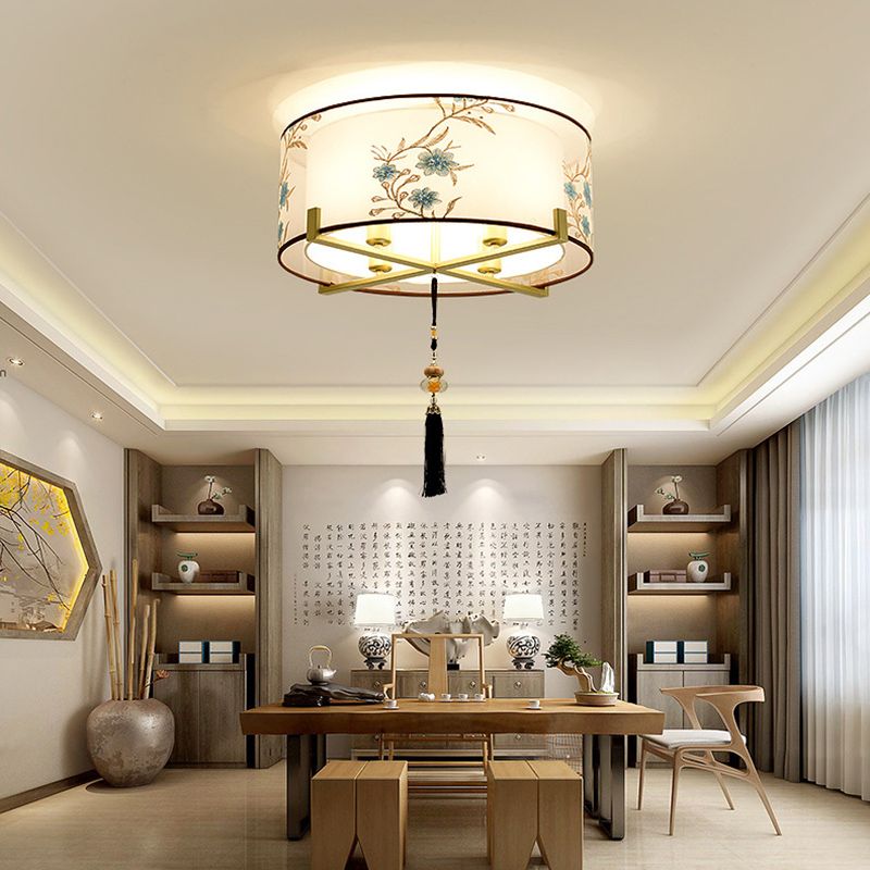 4 Lights Drum Flush Mount Lamp Traditional Style White Fabric Flush Light Fixture