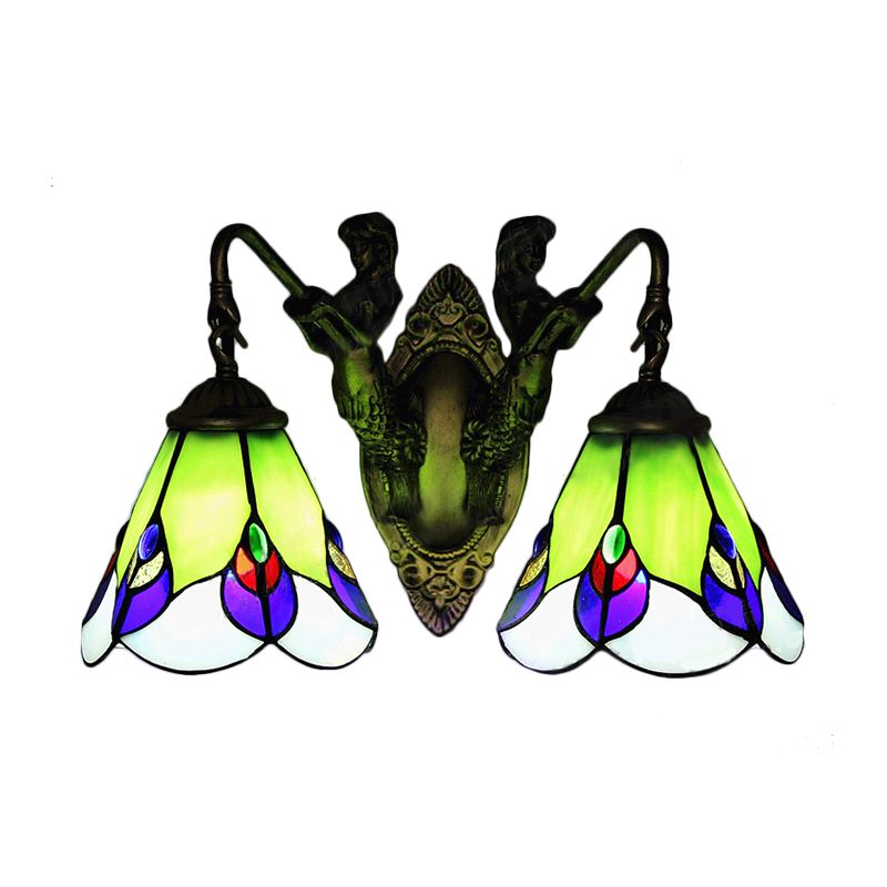 Green Glass Flower Wall Mounted Light Tiffany 2 Heads Antique Brass Sconce Lighting