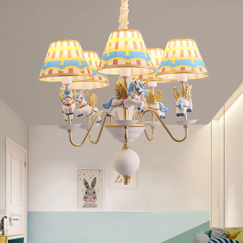 Unicorn Resin Suspension Lighting Cartoon 5-Light Chandelier with Print Empire Shade