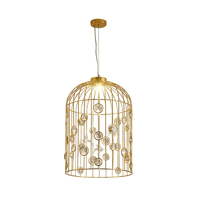 Metal Bird Cage Pendant Light Crystal Bead Deco Pendant Chandelier for Dining Room