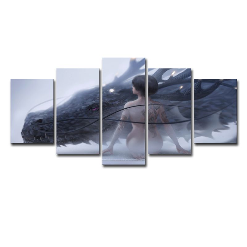 Nude Girl and Dragon Canvas Art Blue Kids Style Wall Decoration for Boys Bedroom