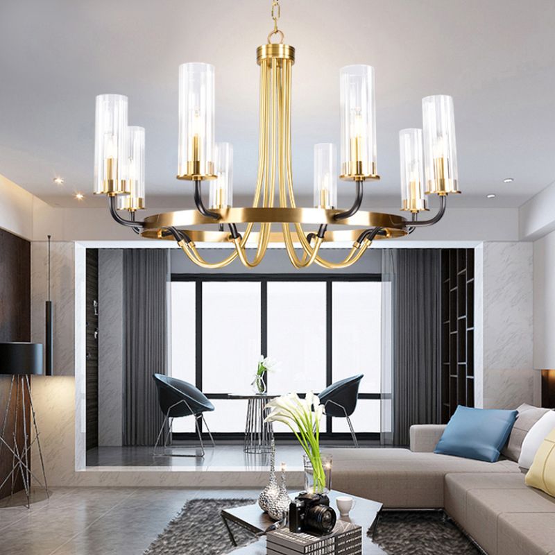 Post-Modern Metal Hanging Chandelier Light Cylinder Clear Glass Shade Ceiling Chandelier in Gold for Living Room