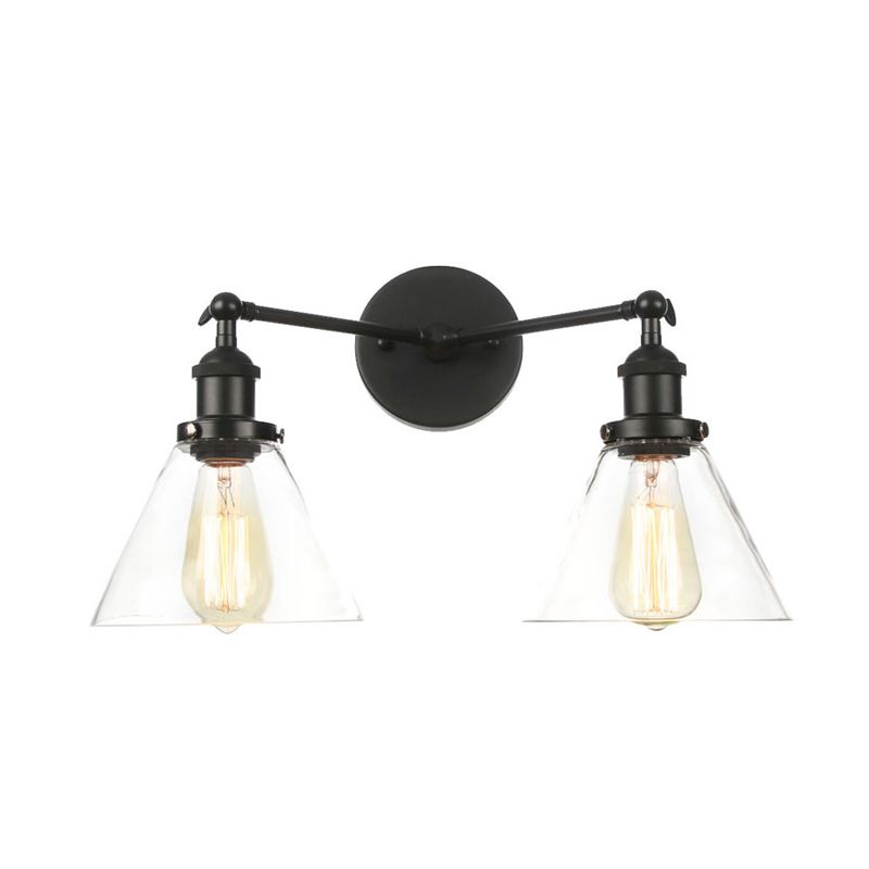 Clear Glass Conical Wall Mount Light Vintage 2 Lights Living Room Sconce Fixture in Black/Brass/Bronze