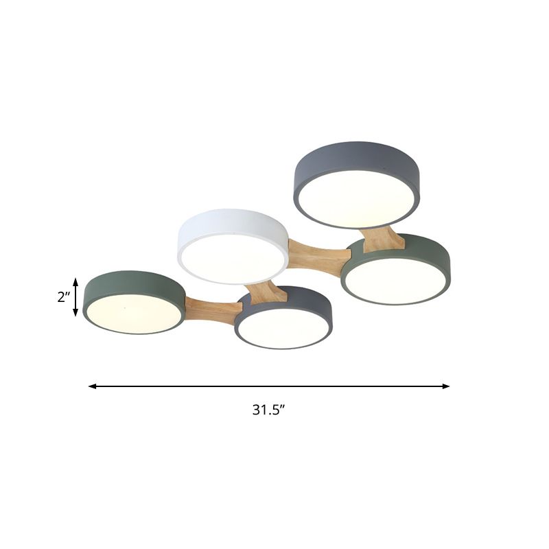 Ronde plafondlamp van hout en metaal, Scandinavisch 3/4/5-lichts grijs plafondverzonken plafond voor slaapkamer in warm/wit