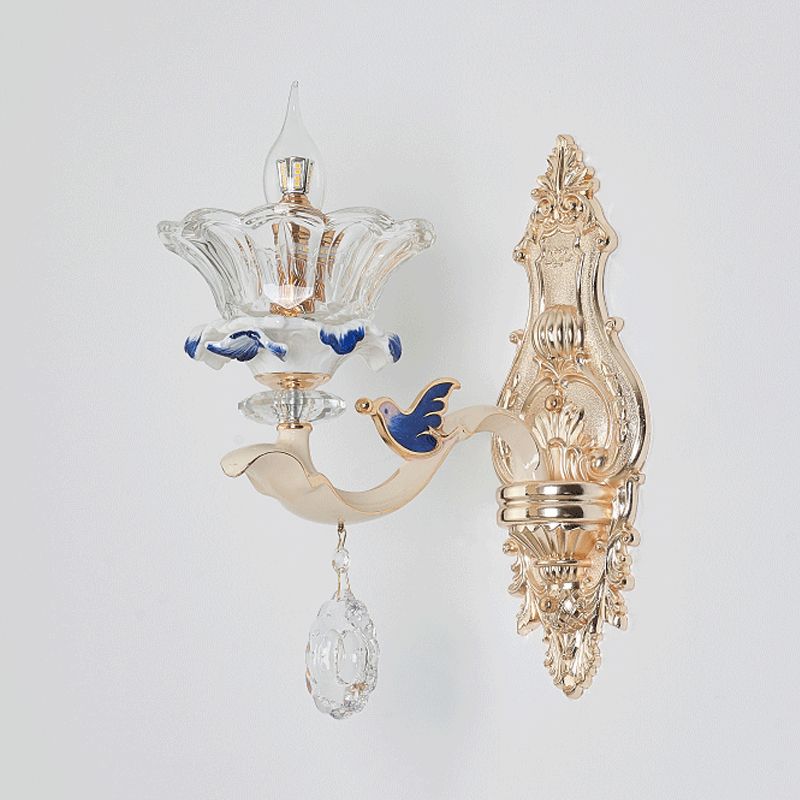 1/2-Head Wall Sconce Light Traditional Living Room Wall Mount Lamp with Flower Crystal Shade in Brass
