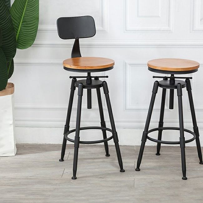 Industrial Metal Barstool Low Back Wood Footrest Adjustable Stool with Swivel