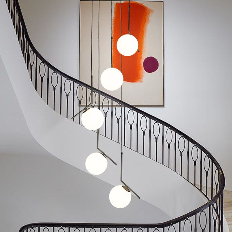 Spiral Globe Stairwell Hanging Lighting Opal Glass Simplicity Multi Light Pendant
