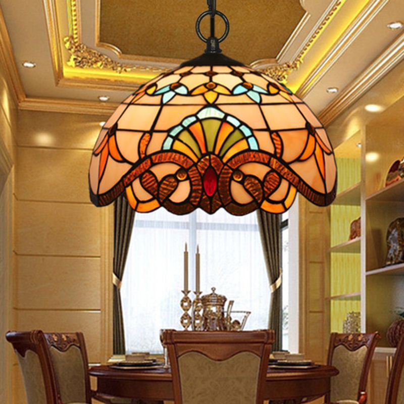 Baroque Domed Pendant Light Stained Glass Hanging Ceiling Light in Brown for Restaurant