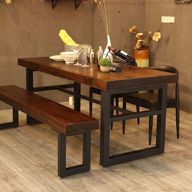 Industrial Dining Table Brown Solid Wood Dining Table with Trestle Base