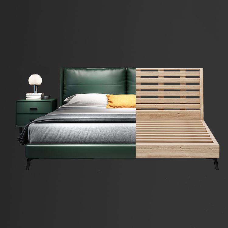 Scandinavian Wooden Panel Bed Green Genuine Leather Standard Bed