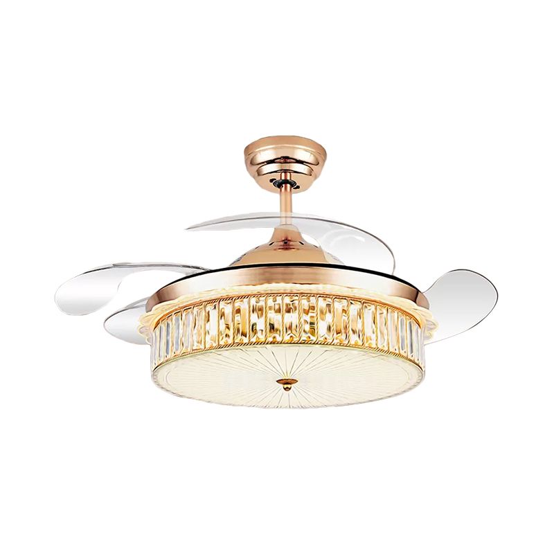 Trommelanhänger Lüfter Lampenlampenminimalist Kristall Rechteck Silber/Gold 19 "Breite LED Semi Flush mit 4-Blade