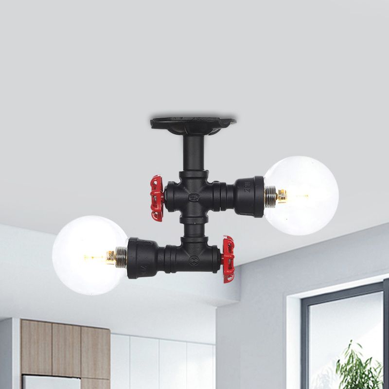 2 Luces Esfera Semi Montura Iluminación Anticuado Negro Acabado Vidrio Transparente Lámpara Montada