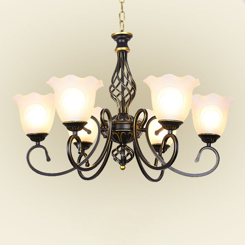 Ruffle Glass Floral Shade Chandelier Lighting Classic Living Room Pendant Light with Scroll Arm