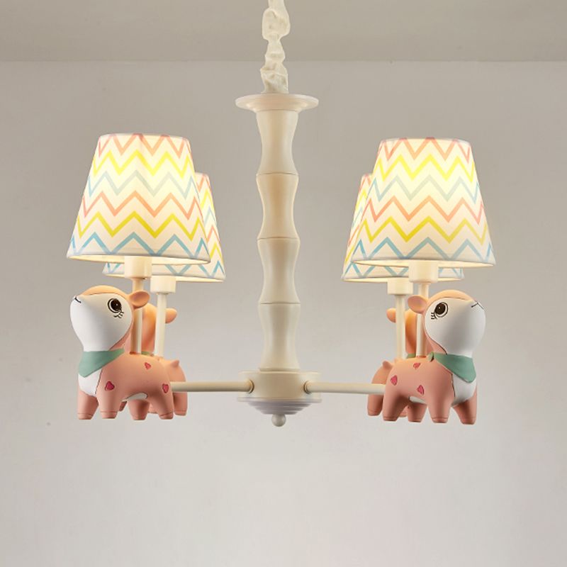 Cartoon Empire Shade Suspension Light Patterned Fabric Bedroom Chandelier Light with Resin Deer in Pink