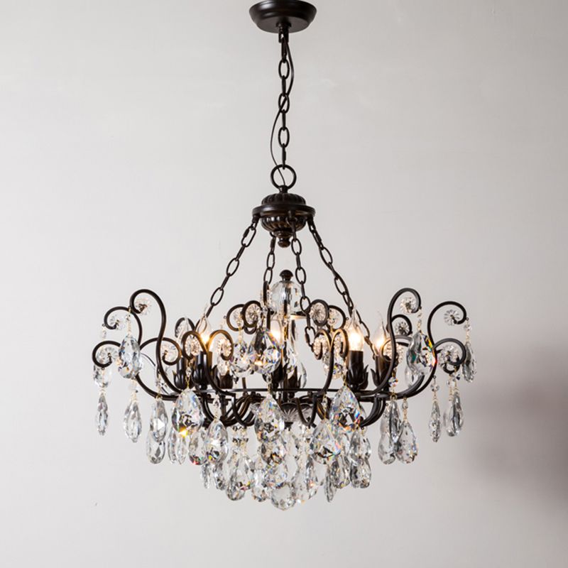 Swirling Chandelier Light Antique Metal Suspended Lighting Fixture with Crystal Droplet