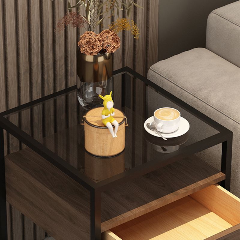 Square Glass/Stone Top End Table 21.26" Tall 1-Drawer Side Table with Storage Shelf