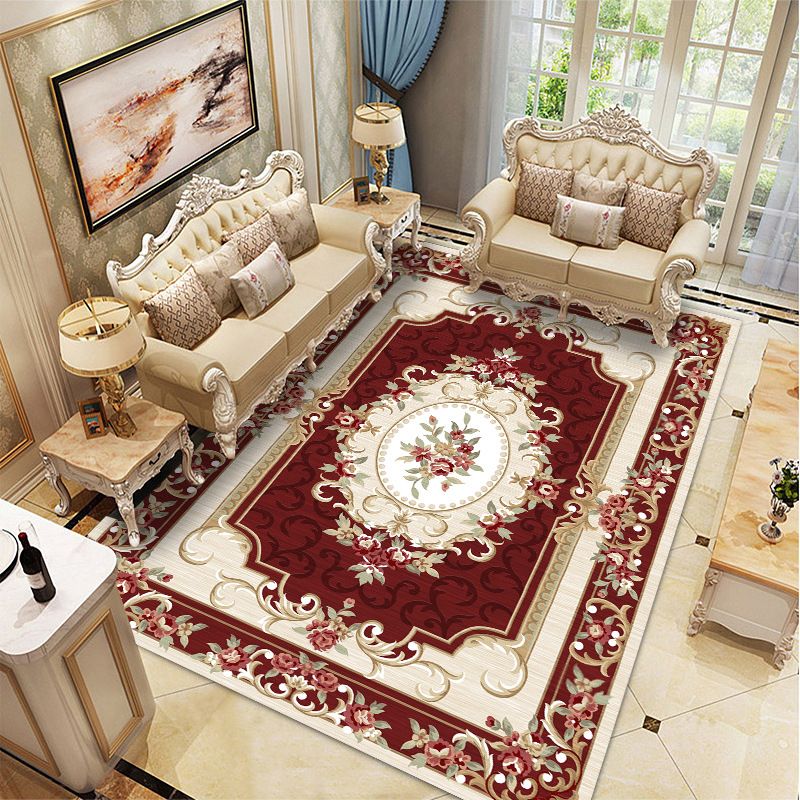 Wine Red Vintage Rug Polyester Medallion Rug Washable Rug for Drawing Room