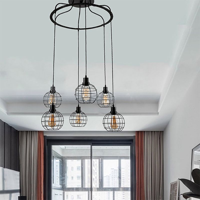 Industrial Style Global Hanging Lamp 6 Bulbs Metallic Suspended Light with Wire Cage Shade in Black