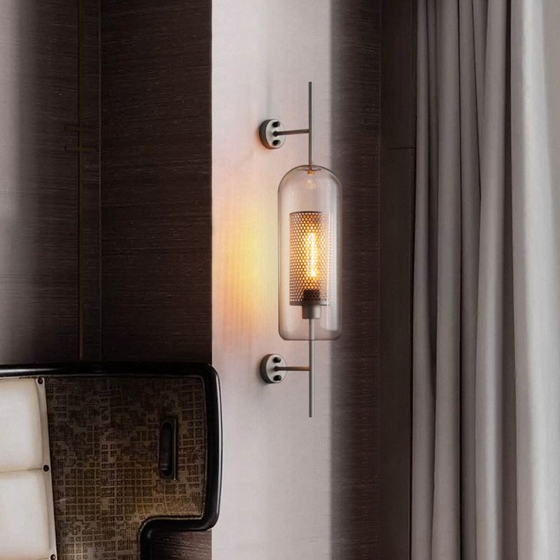 Pill Capsule Wall Lighting Fixture Modernism Clear Glass 1-Bulb Bathroom Wall Lamp Sconce with Inside Mesh Screen